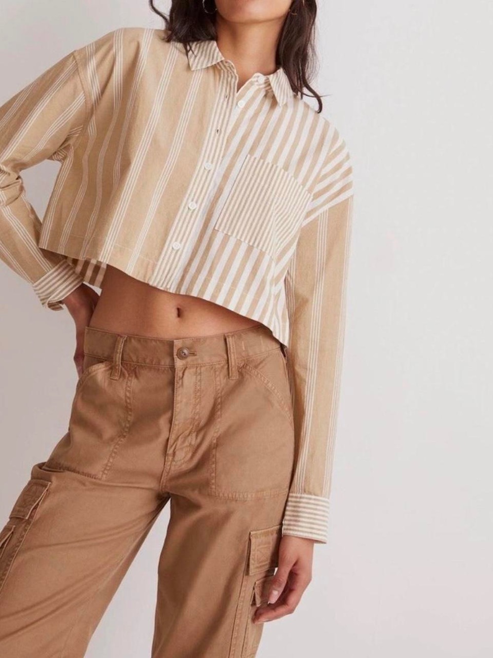Madewell Tan White Striped Modular Oversized Button-Down Shirt 3761 - Picture 2 of 13
